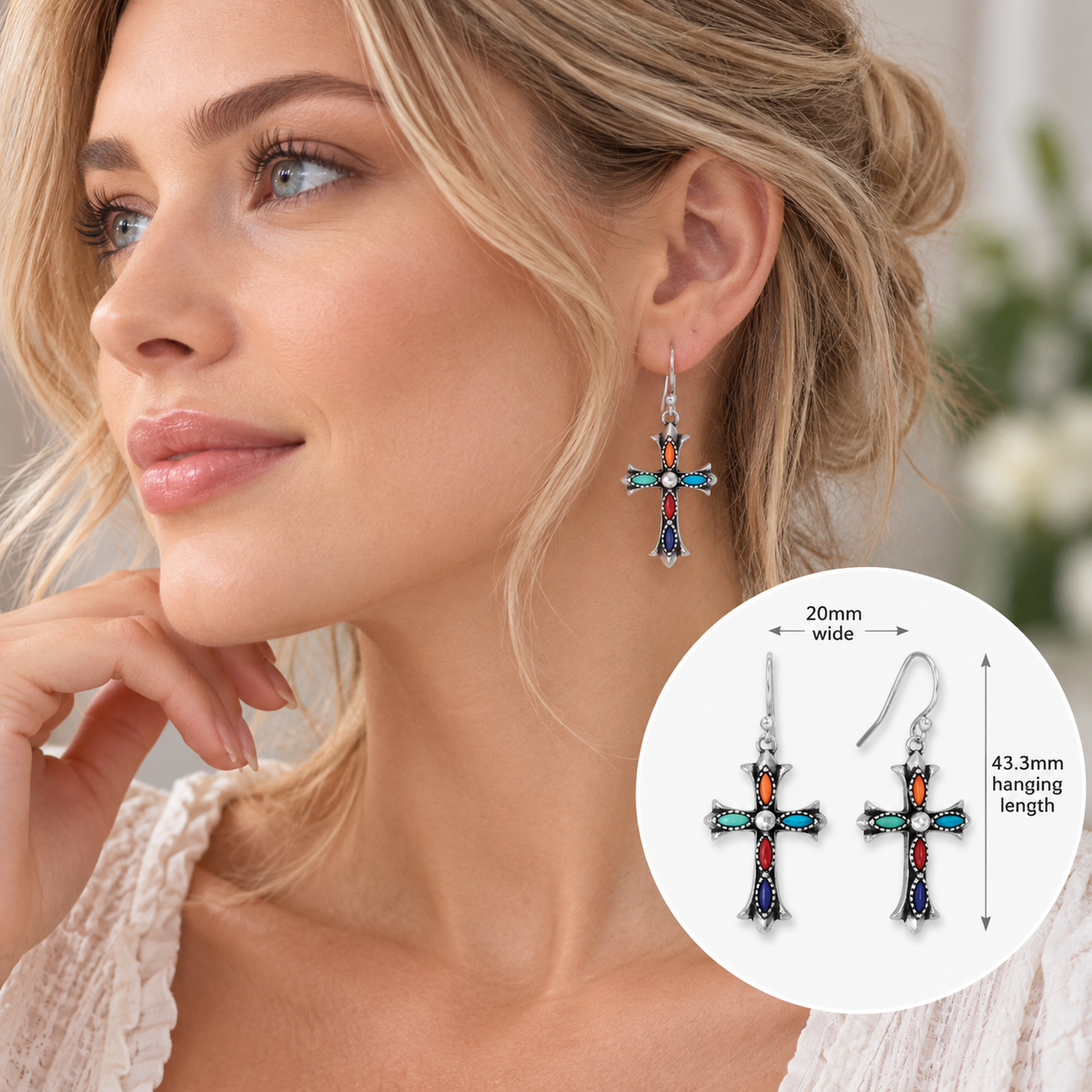 Multicolor Marquise Gemstone Cross Dangle Earrings Oxidized 925 Sterling Silver