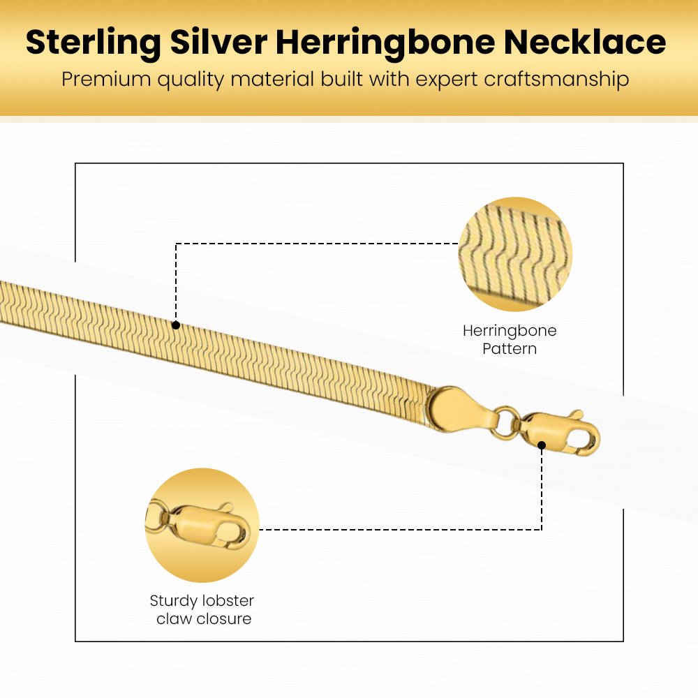 14K Gold Plated 925 Sterling Silver Herringbone Necklace, Gold Dipped Herringbone Chain Necklace for Women and Men, Flexible Flat Snake Chain Necklace with Lobster Claw Closure (5mm 22")