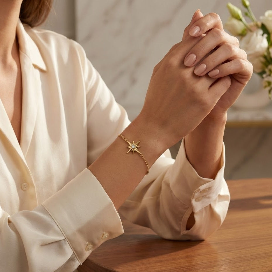 14K Gold Plated Sterling Silver Star CZ Bracelet, 6.5 Inch with 1 Inch Extender, Italian Made