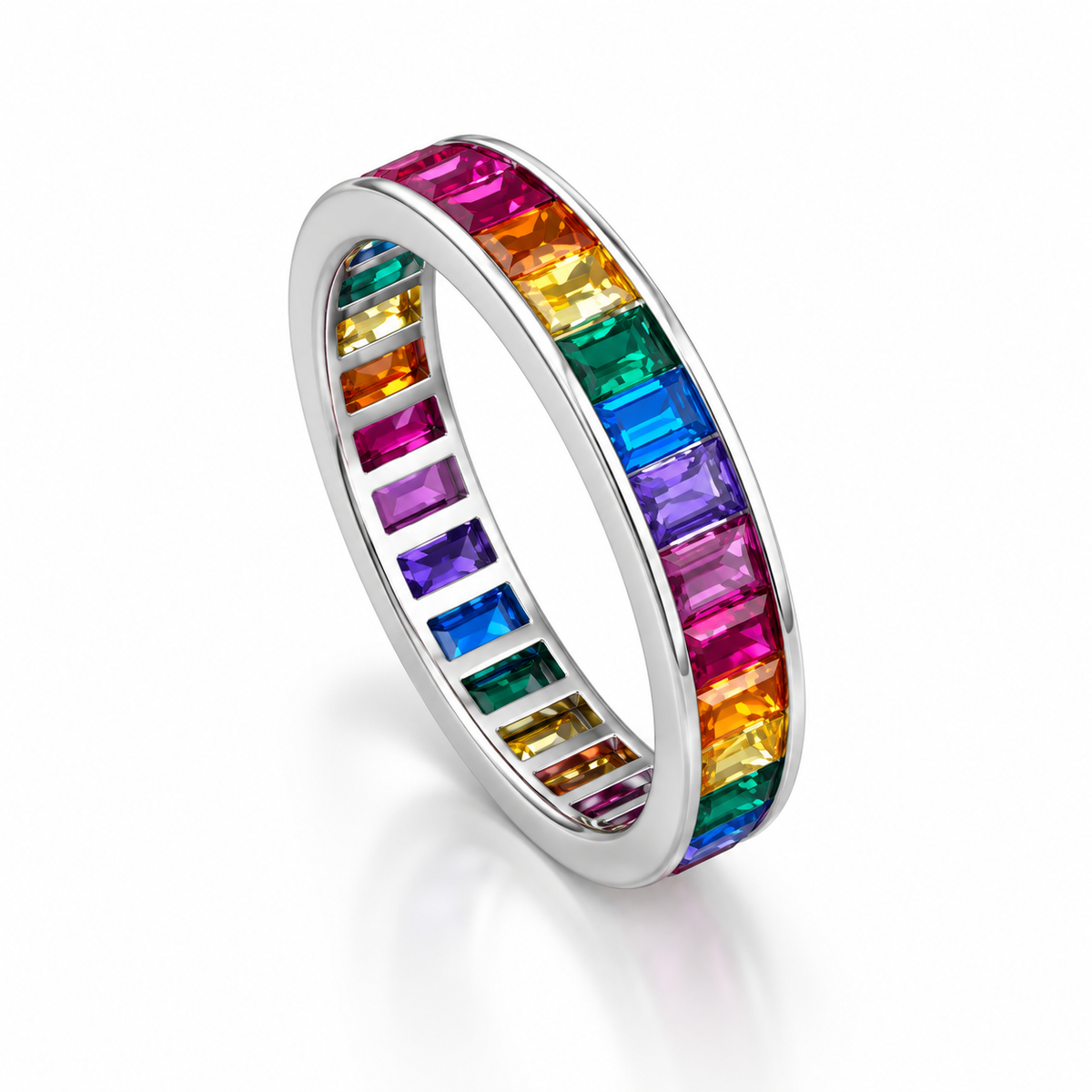 Rhodium Plated Rainbow CZ Eternity Ring 925 Silver 4mm Band 3x2mm Baguette Sizes 5-10