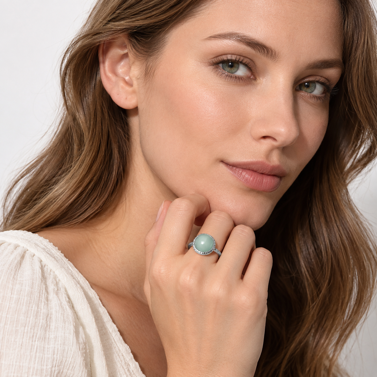 Cabochon Sea Green Chalcedony Ring 925 Sterling Silver 10mm Textured 1mm Band