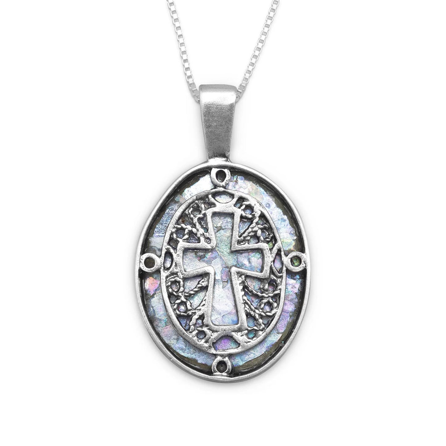 Ancient Roman Glass Cross Necklace - Sterling Silver Oval Cutout Pendant