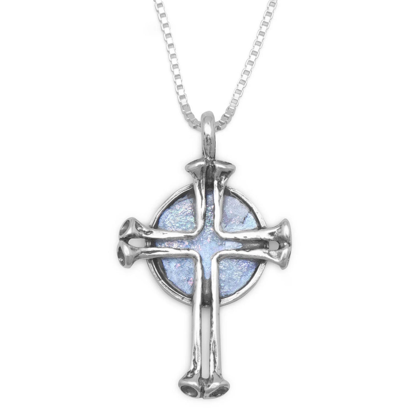 Ancient Roman Glass Cross Necklace, Sterling Silver, 18 Inch Chain, 32x19mm Cross, 8.5mm Glass