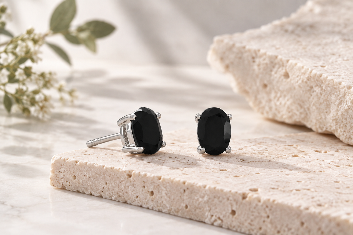 Black Onyx Stud Earrings 925 Sterling Silver 4mm x 6mm