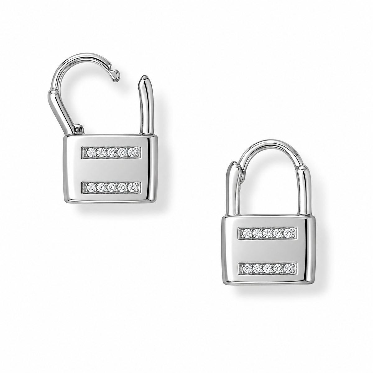 CZ Lock Huggie Earrings Rhodium Plated 925 Sterling Silver 15.7x10mm