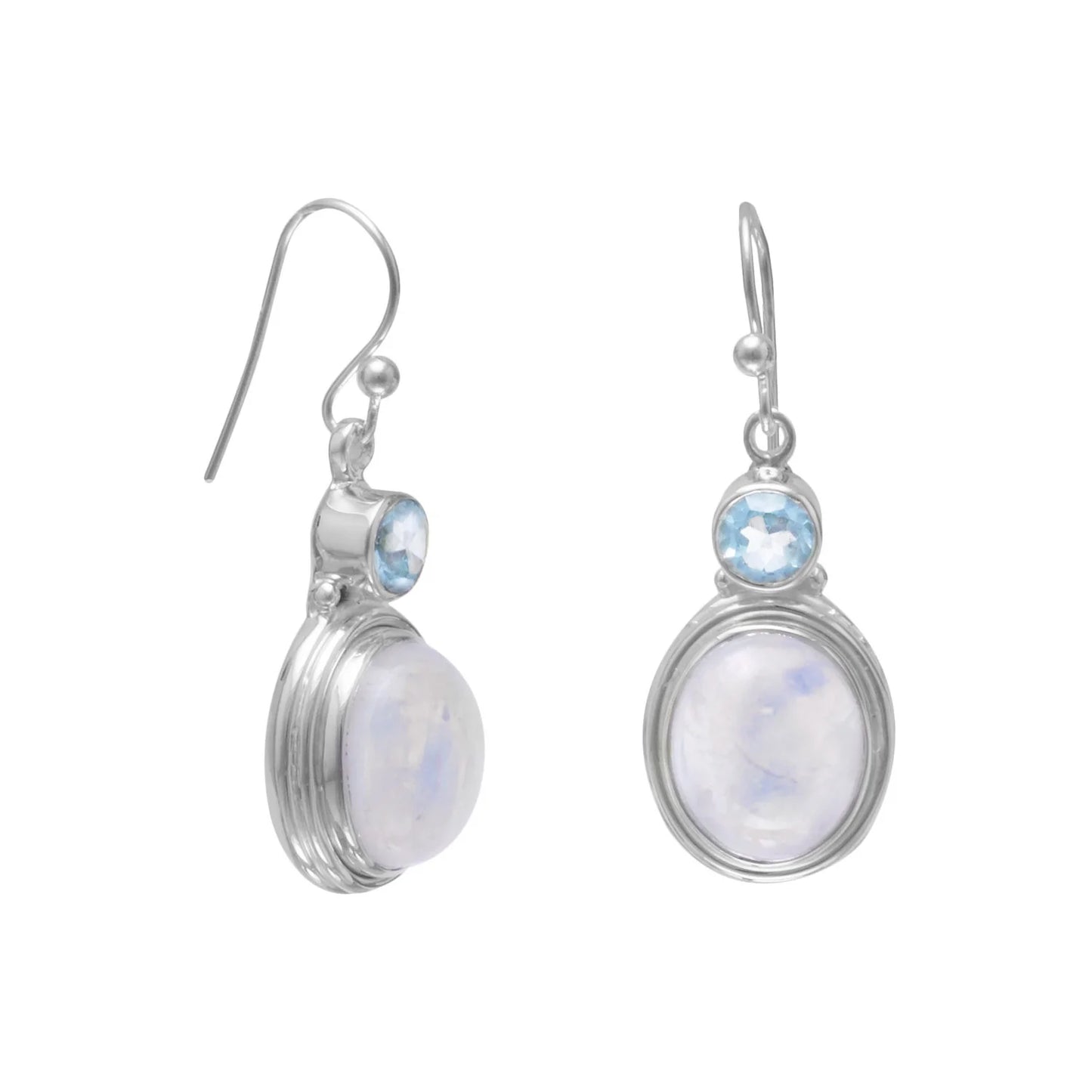 Sterling Silver Rainbow Moonstone and Blue Topaz Dangle Earrings, 12mm x 9.5mm Stone, 34.5mm Length