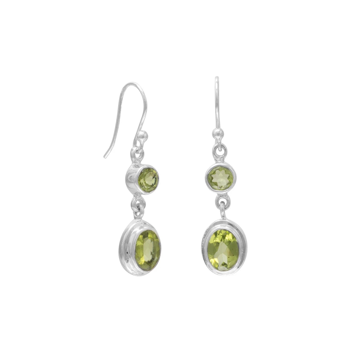 Sterling Silver French Wire Earrings with Round 5mm and Oval 8x6mm Faceted Peridot, Polished