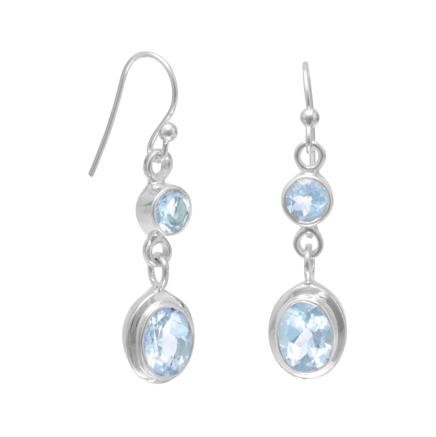 Sterling Silver Blue Topaz Dangle Earrings, French Wire, 9mm x 6mm and 5mm Stones, 34mm Drop Length