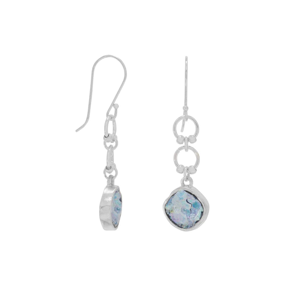 Sterling Silver Ancient Roman Glass Drop Earrings, French Wire, 51mm Hanging Length, 13mm Glass Diameter