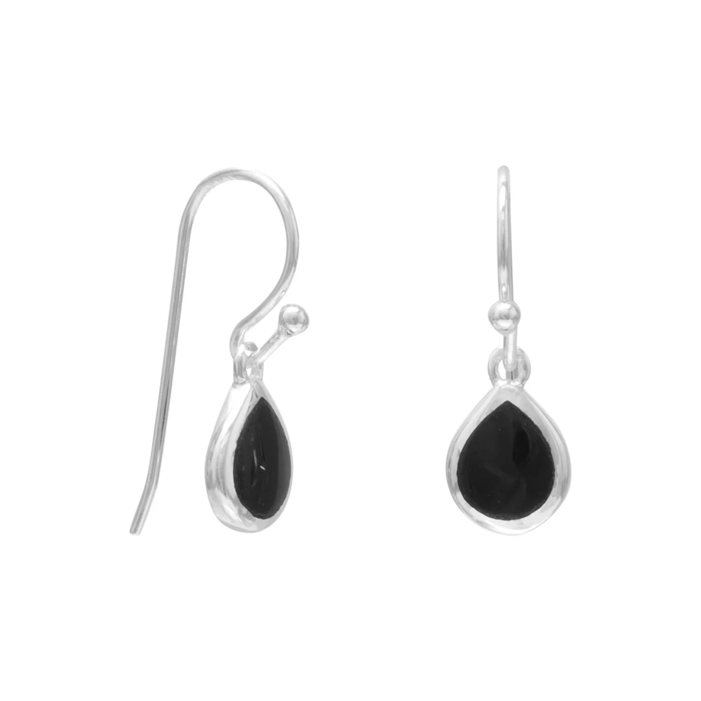 Generic Sterling Silver Black Onyx Pear Inlay Dangle Earrings, French Wire, 21mm Length, 7.5mm x 5.5mm
