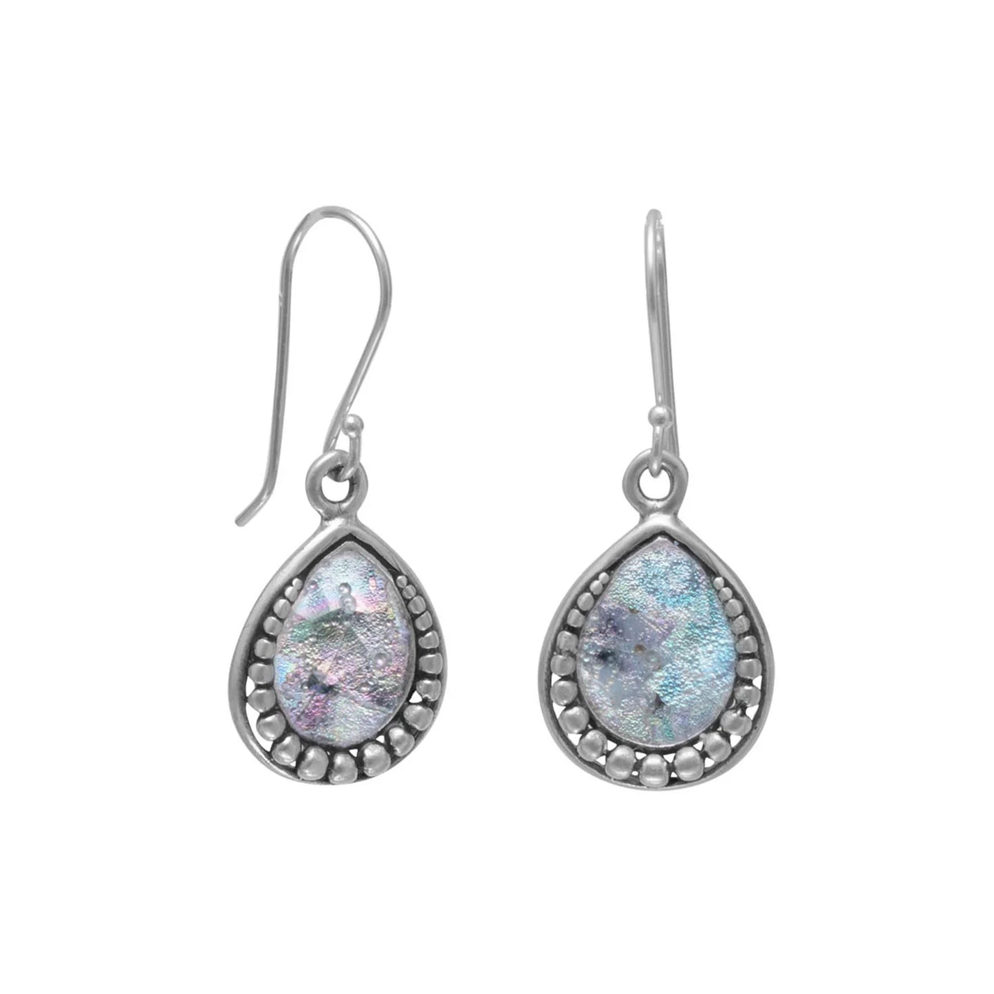 Sterling Silver Ancient Roman Glass Dangle Earrings, Pear Shape with Bead Edge Design, 32mm Length