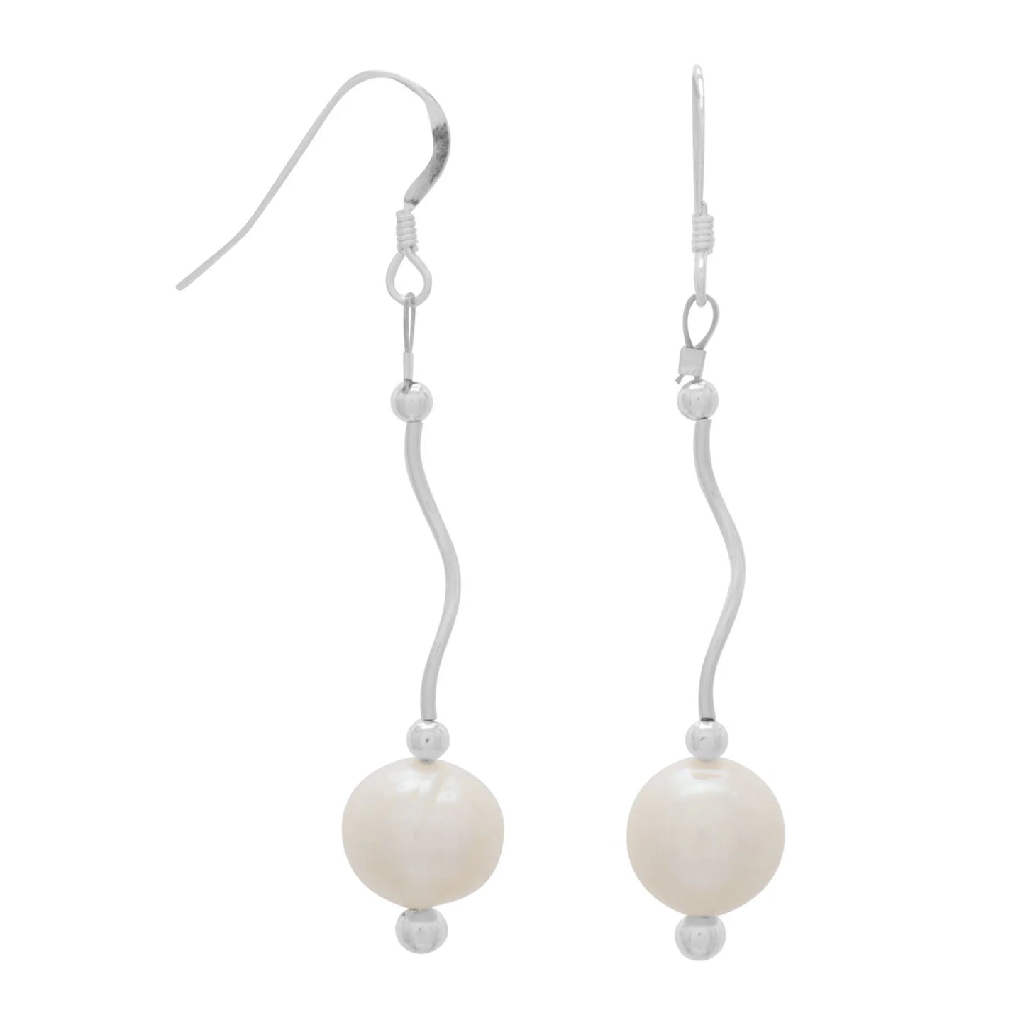 Sterling Silver Wave Design Dangle Earrings with Cultured Freshwater Pearl Drop, 47mm Length, 9mm Pearl