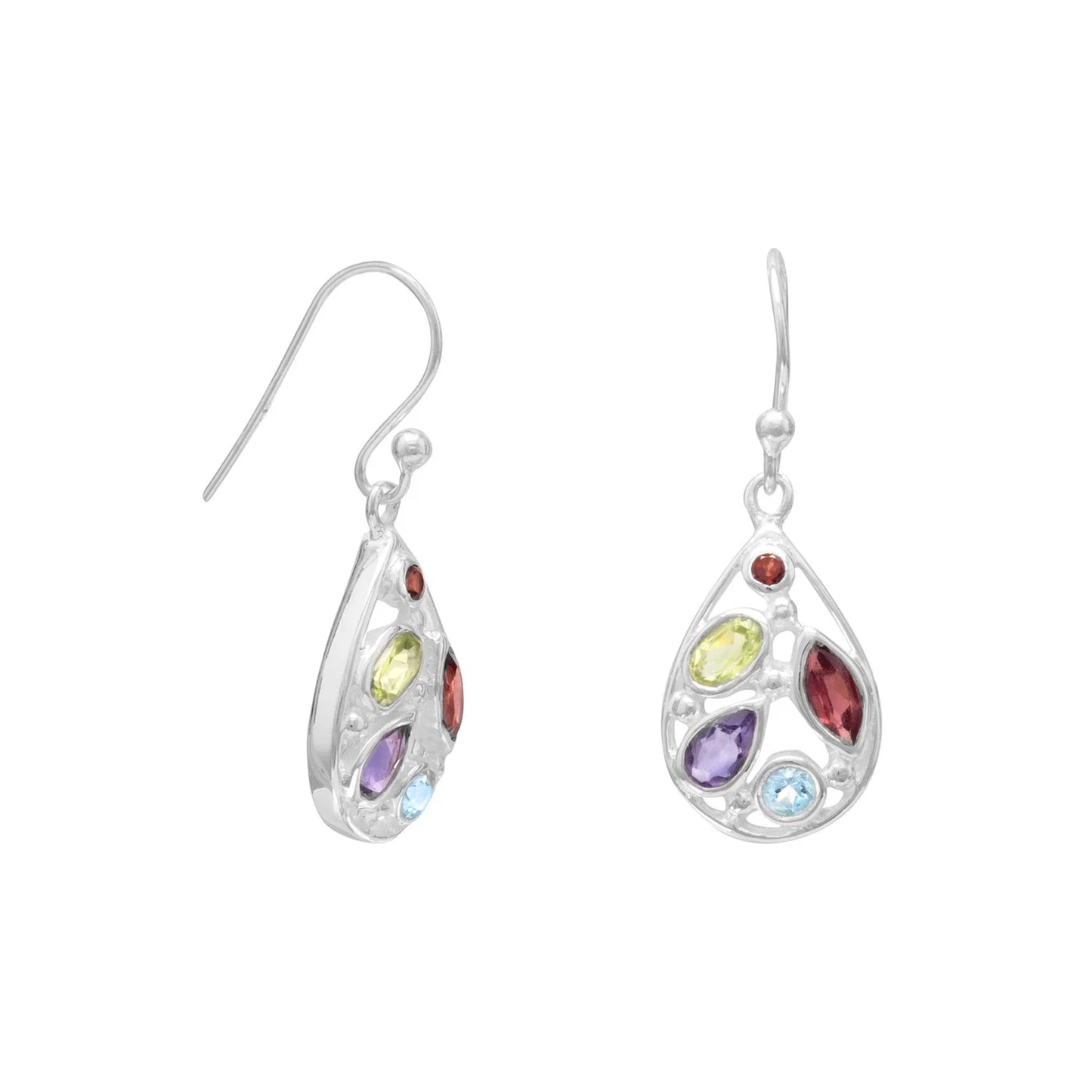 Sterling Silver French Wire Dangle Earrings with Amethyst, Blue Topaz, Garnet, Peridot, Multi-Shape Cut Out Design, 31mm x 11.5mm