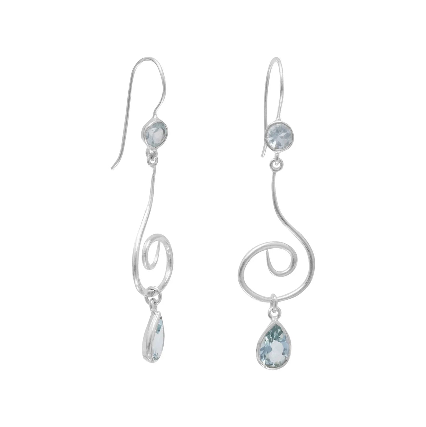 Sterling Silver Dangle Earrings with Faceted Blue Topaz Stones, Swirl Design, 57mm x 17mm, Round 6mm and Pear Shape 10.5mm x 7mm