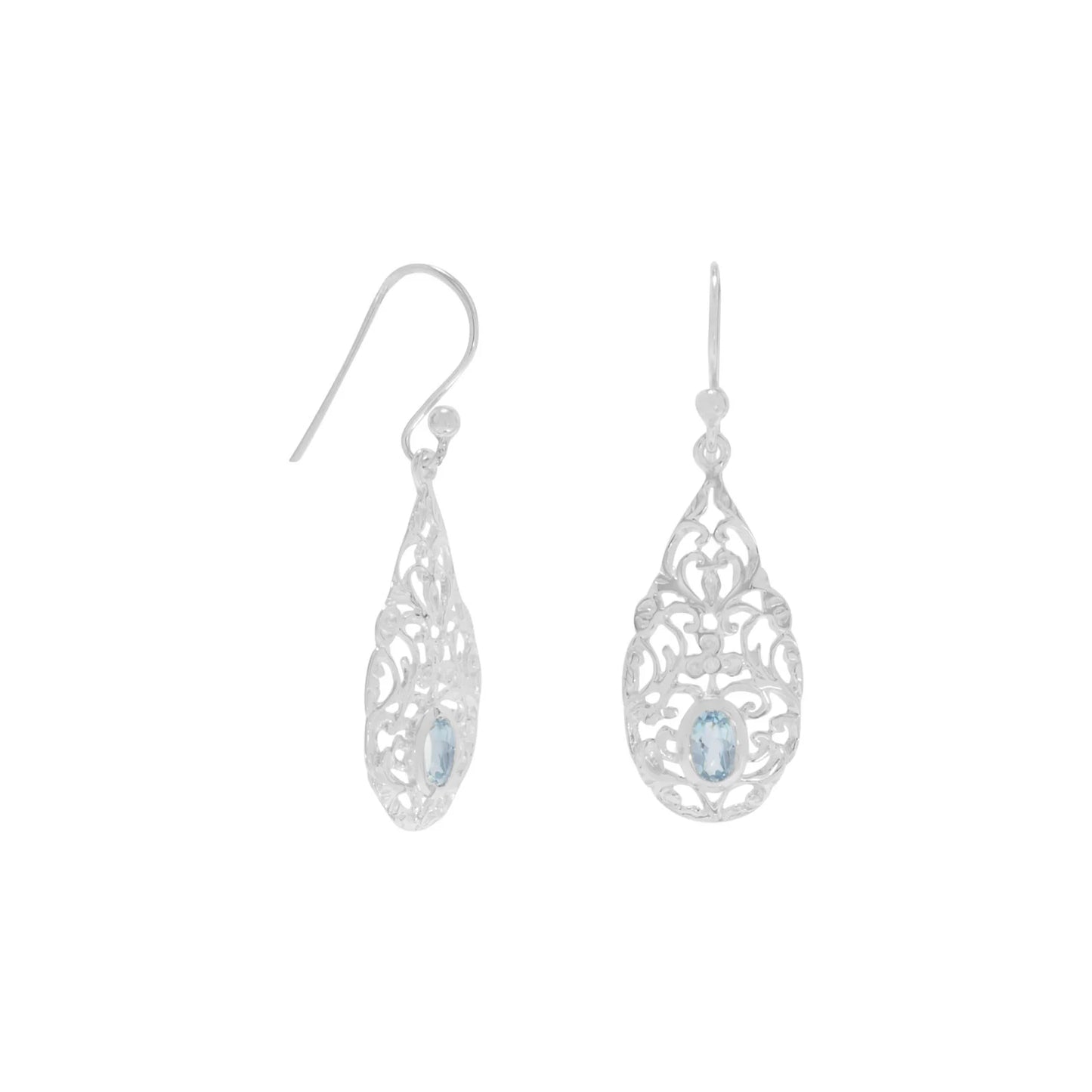 Sterling Silver Blue Topaz French Wire Dangle Earrings, Oval 5x3.5mm Stone, 37.5mm Length