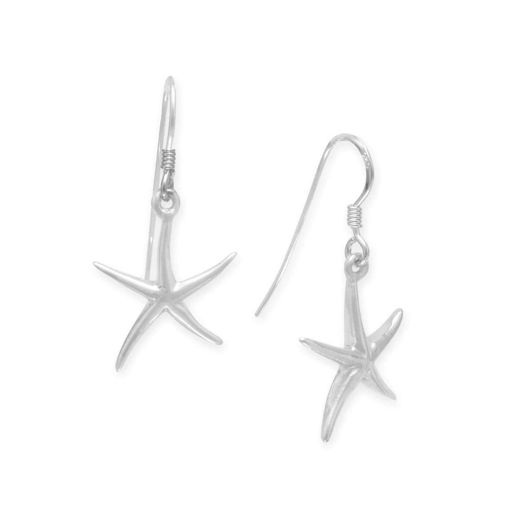 Sterling Silver Starfish Dangle Earrings, French Wire, 31mm Length, 19mm x 10.5mm Starfish, .925 Silver