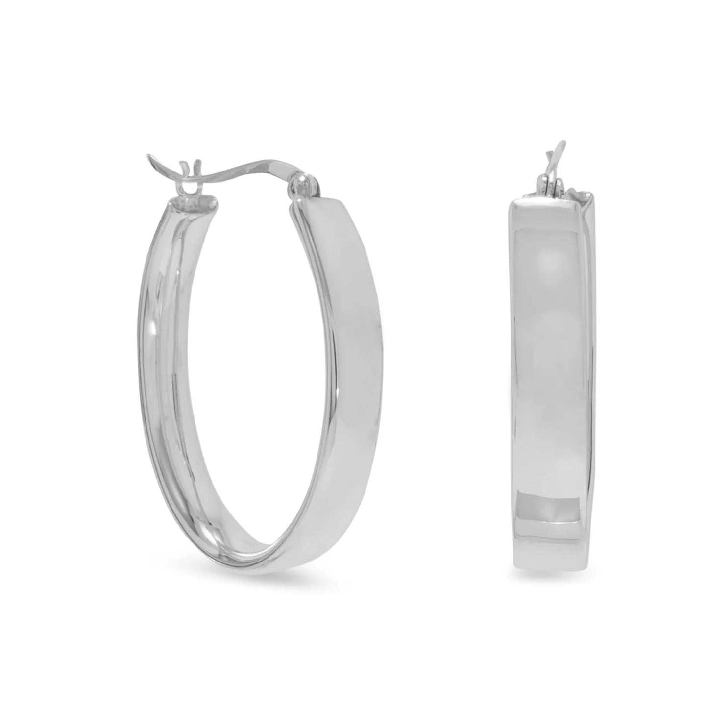 Sterling Silver Oval Hoop Earrings, Flat Design, 33mm x 22mm, 5.5mm Wide
