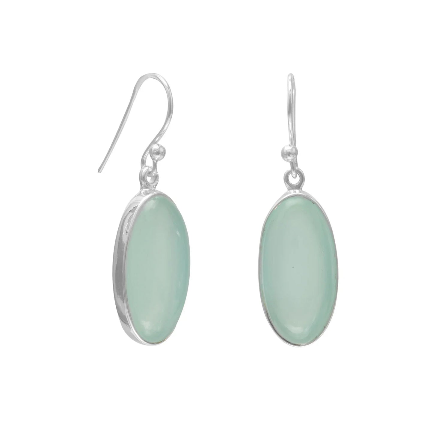 Sterling Silver Oval Sea Green Chalcedony Drop Earrings, French Wire, 20x10mm Stone, 37mm Length