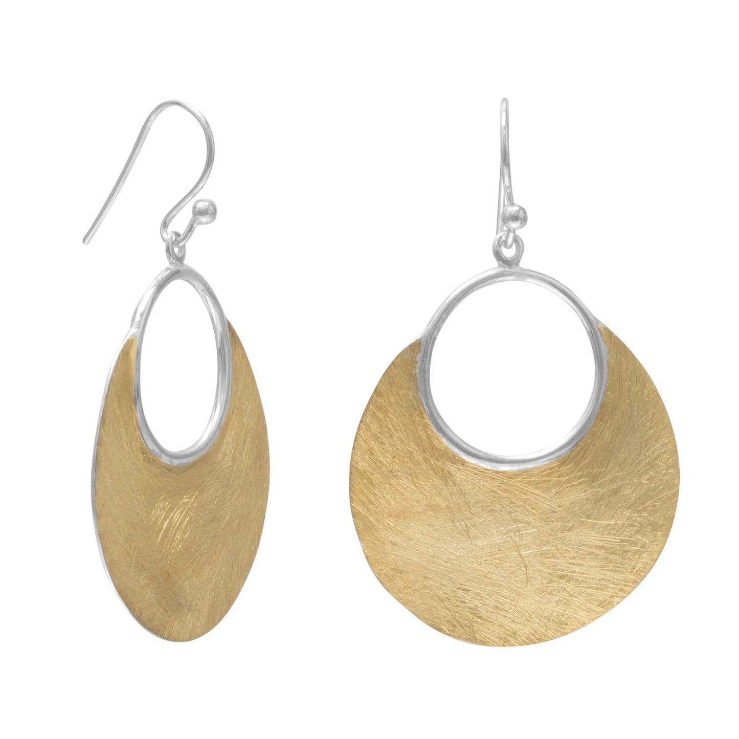 14 Karat Gold Plated Sterling Silver French Wire Earrings, Brushed Open Design, 45.5mm Drop Length, 29mm Width