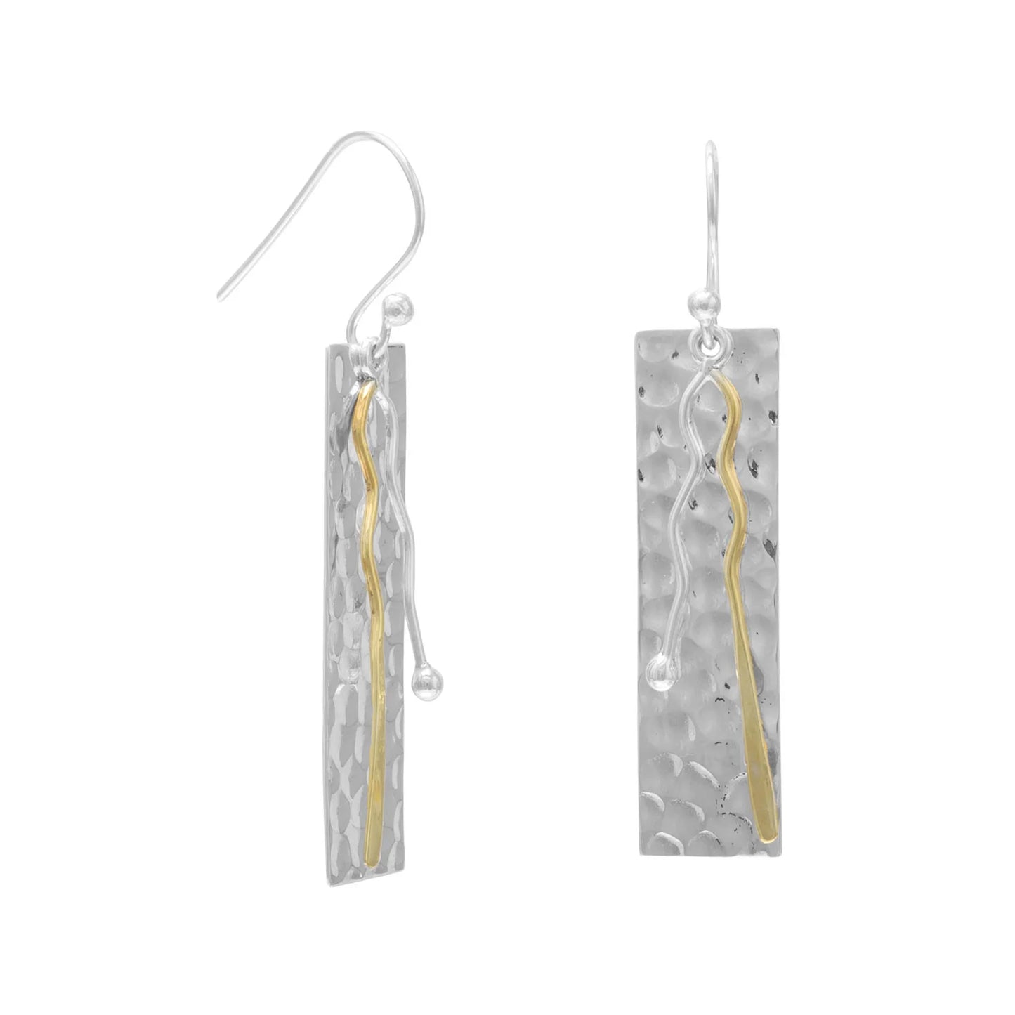 Sterling Silver Two-Toned Bar Drop Dangle Earrings with Brass Accents, 48mm Length, 9.5mm Width