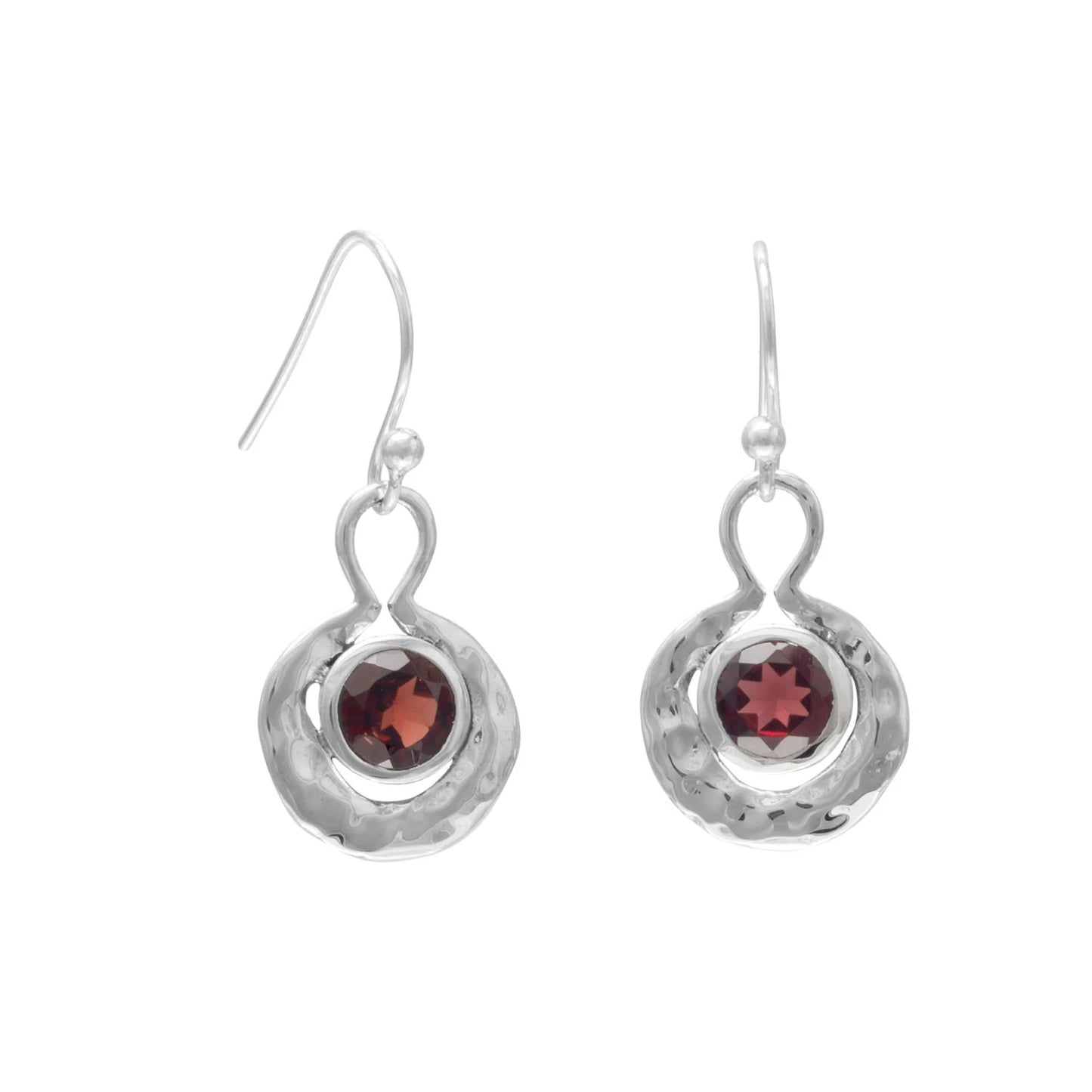 Sterling Silver Round Hammered Dangle Earrings with Garnet Stone, Oxidized, 29.5mm Length