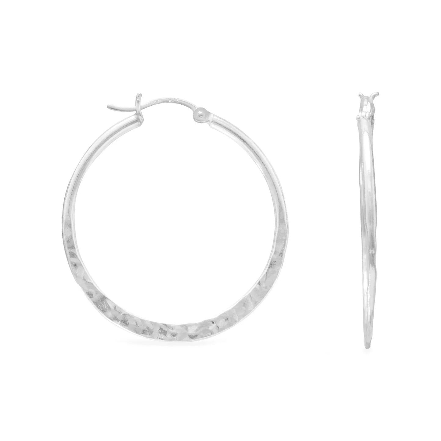 Sterling Silver Medium Hammered Click Hoop Earrings, Polished Finish, 34mm