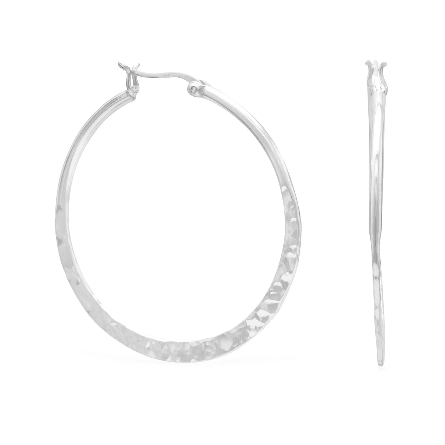 Sterling Silver Large Hammered Hoop Earrings, Polished Click Hoops, 42mm