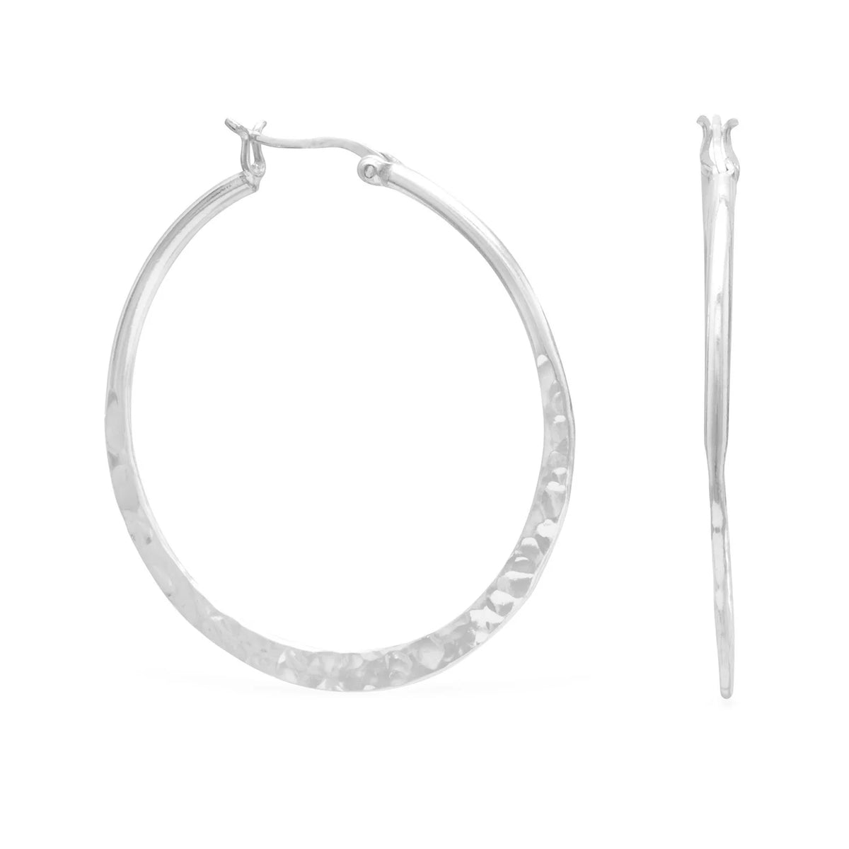 Large Polished & Hammered Round Hoop Earrings 925 Sterling Silver 42mm Click