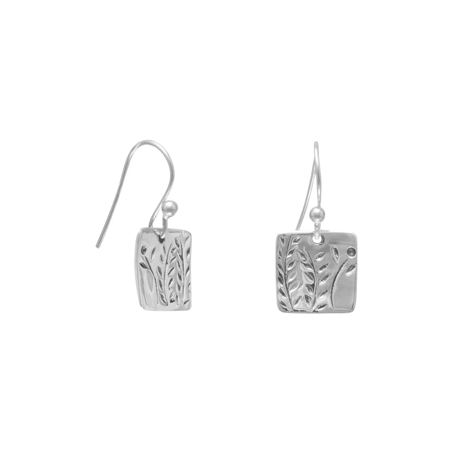 Sterling Silver French Wire Dangle Earrings with Fern Design, 10mm Square Tags, 22mm Drop Length