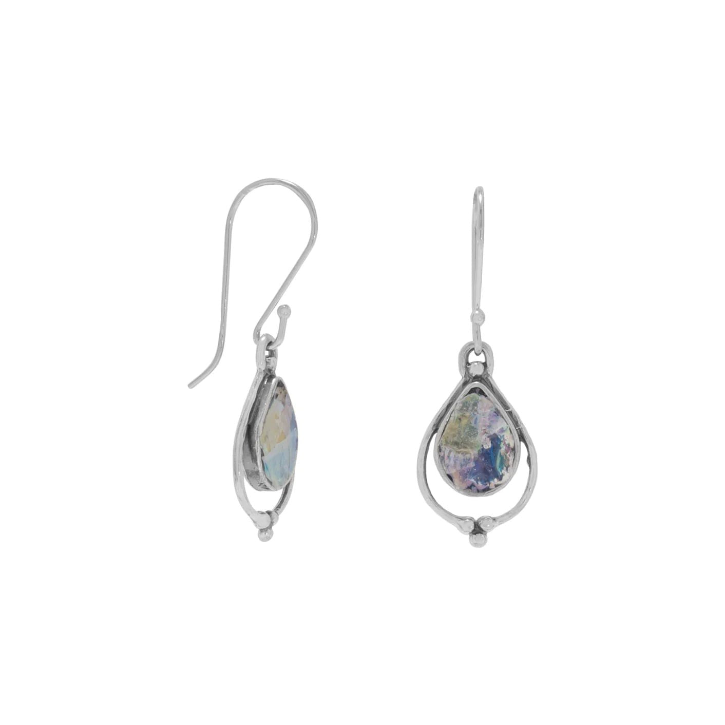 Sterling Silver Pear Shape Ancient Roman Glass Dangle Earrings with French Wire, Certificate of Authenticity Included