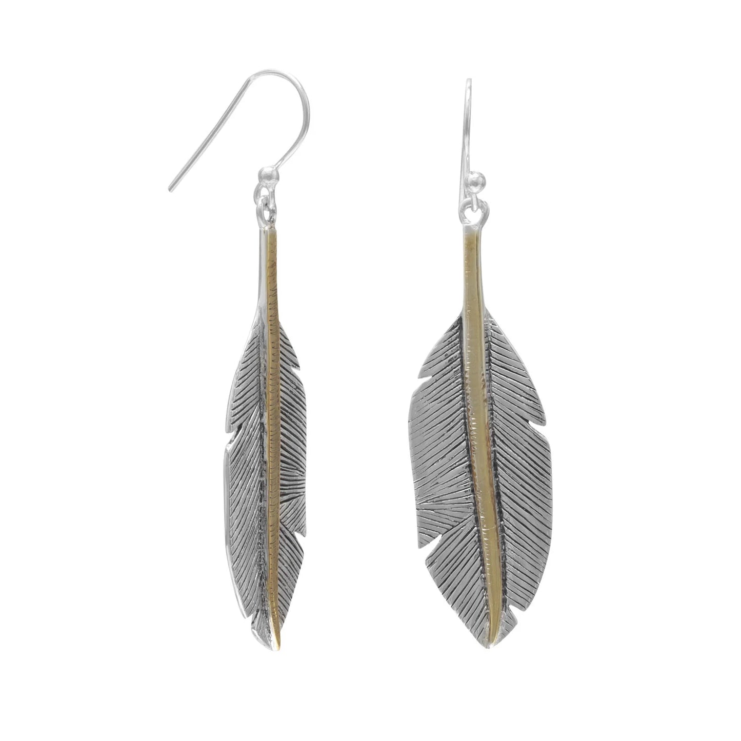 Sterling Silver Two Tone Feather Drop Earrings with 14K Gold Plated Accents, 13mm x 55mm
