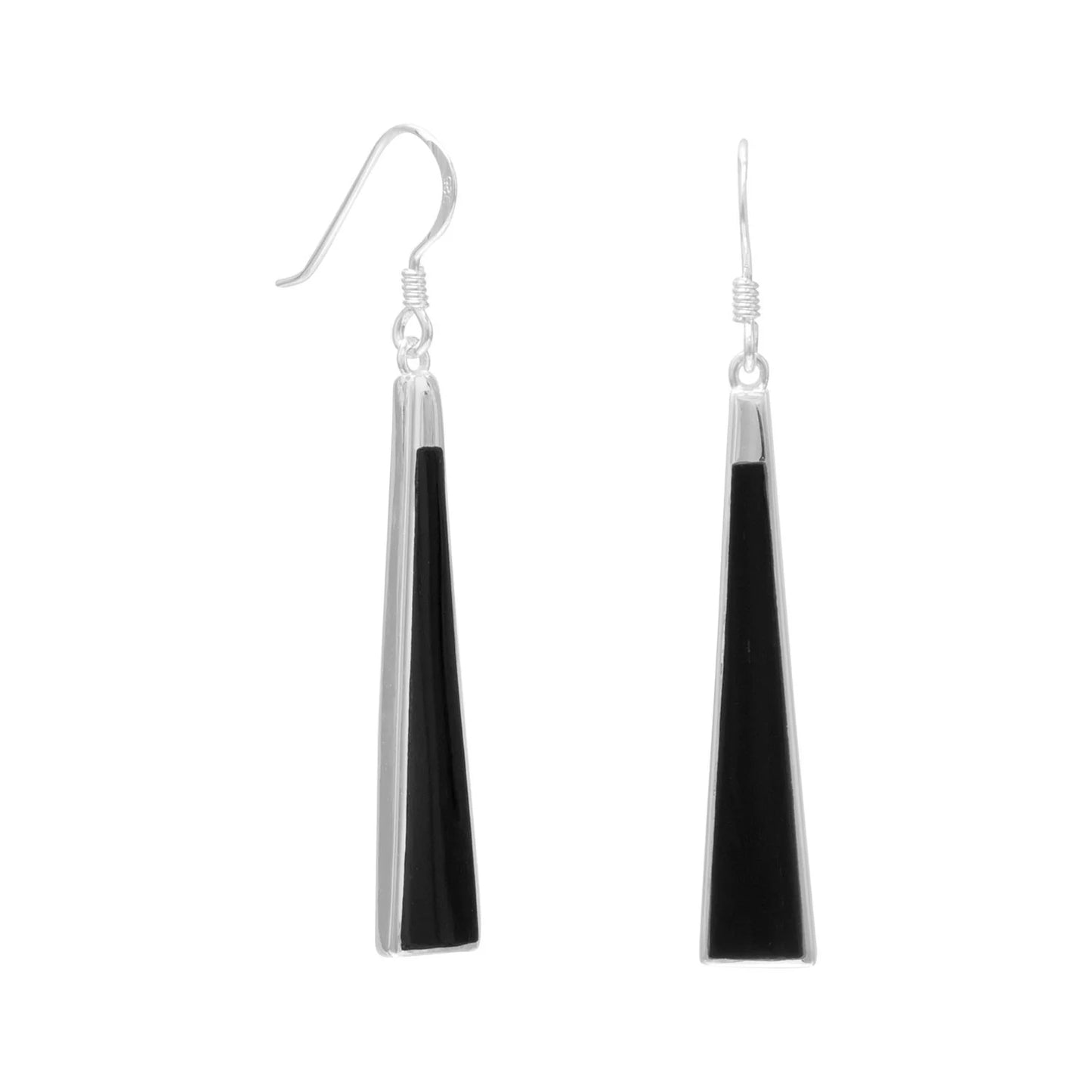 Sterling Silver Triangle Dangle Earrings, Black Onyx, 30mm Long French Wire, 49mm Drop Length