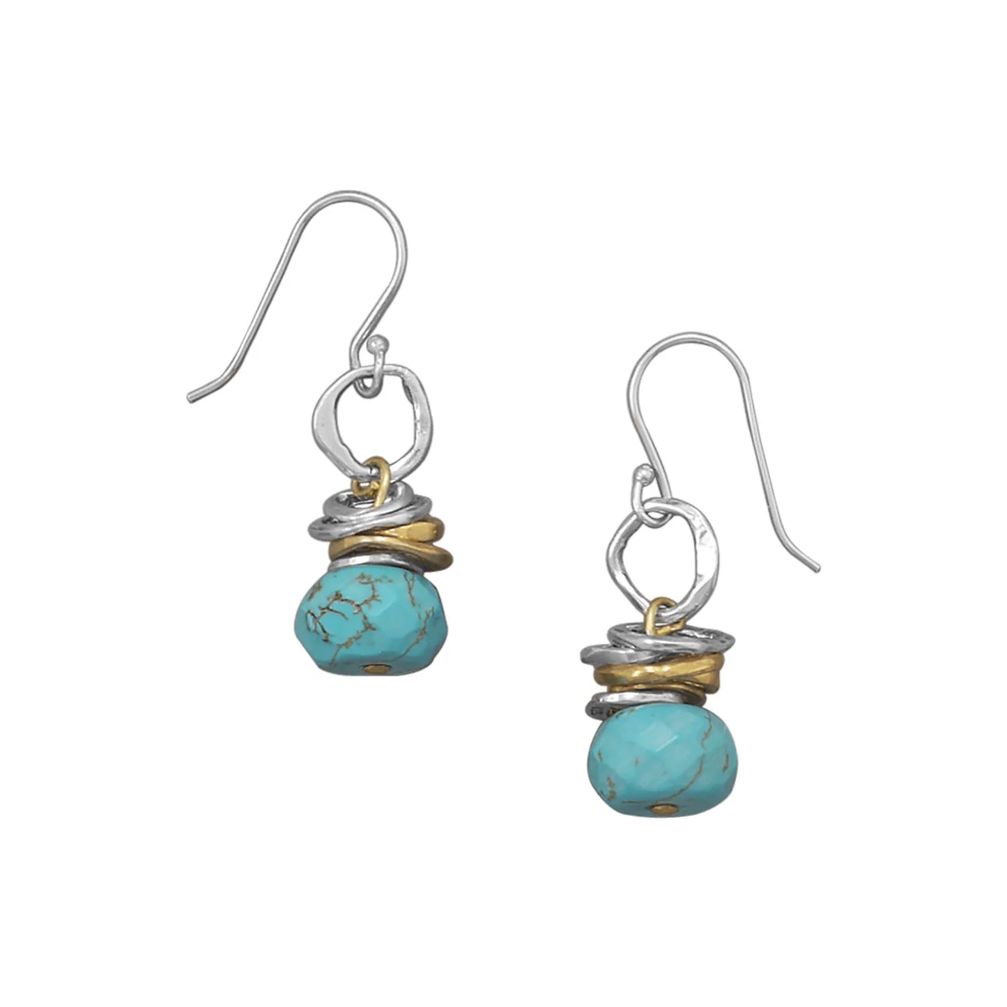 Sterling Silver, Brass Two-Tone Turquoise Drop Dangle Earrings, 38mm Length with 11.5mm Faceted Reconstituted Stone