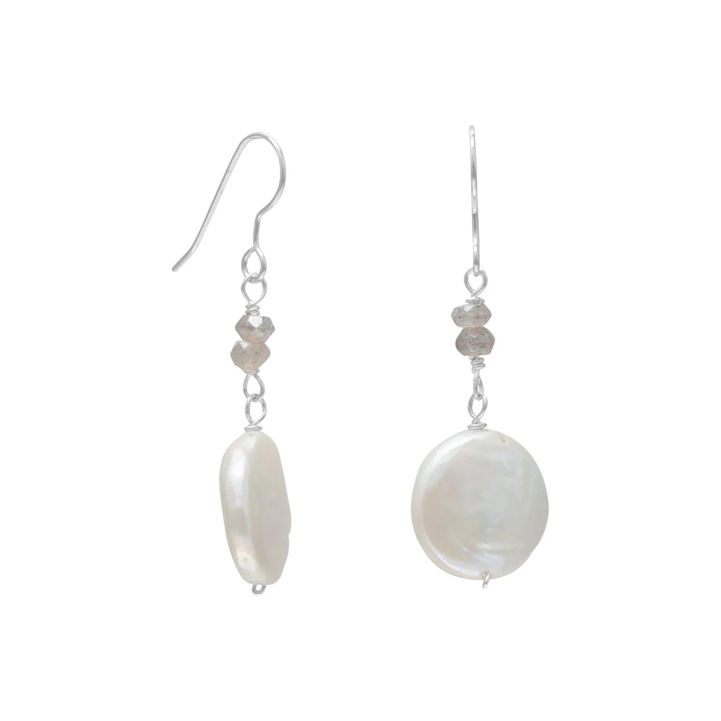 Sterling Silver Baroque Pearl and Labradorite Drop Earrings, Cultured Freshwater Pearl 12.5x16mm, French Wire, 37mm Length