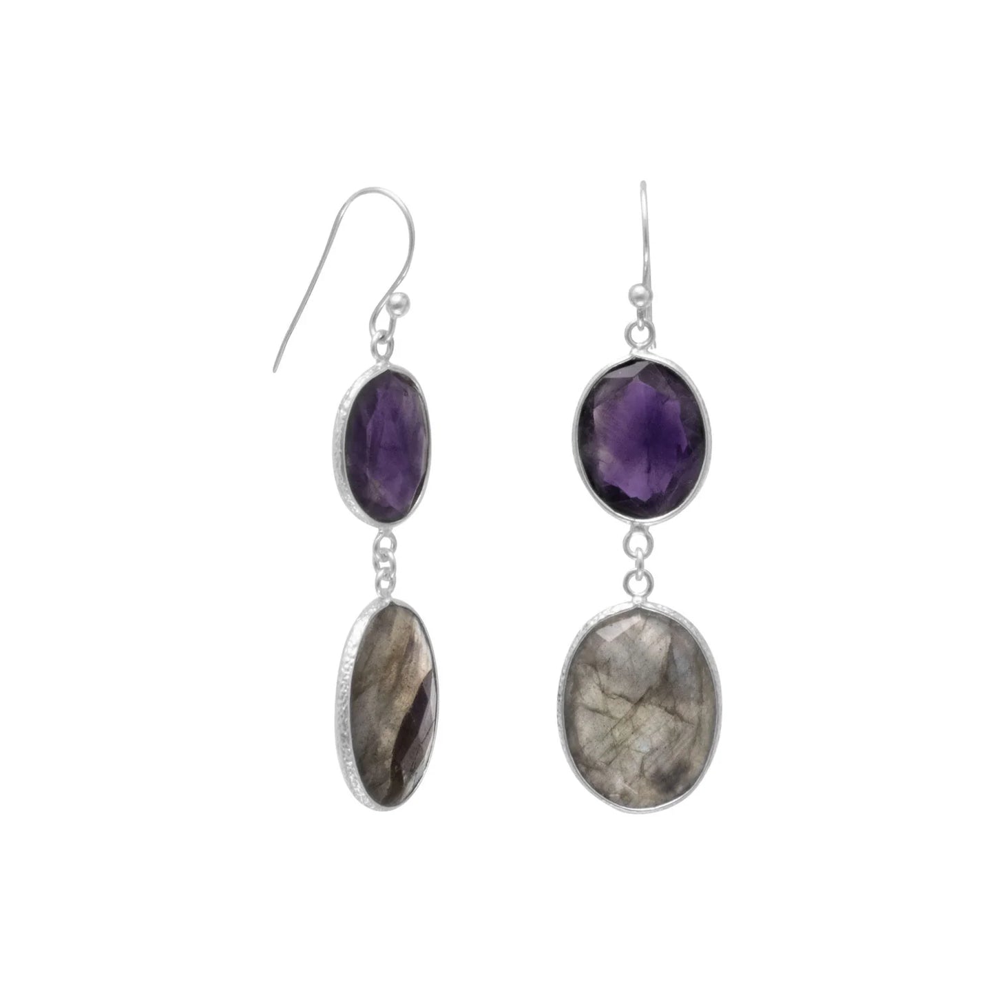 Sterling Silver Freeform Amethyst and Labradorite Drop Earrings, French Wire, 50mm Length