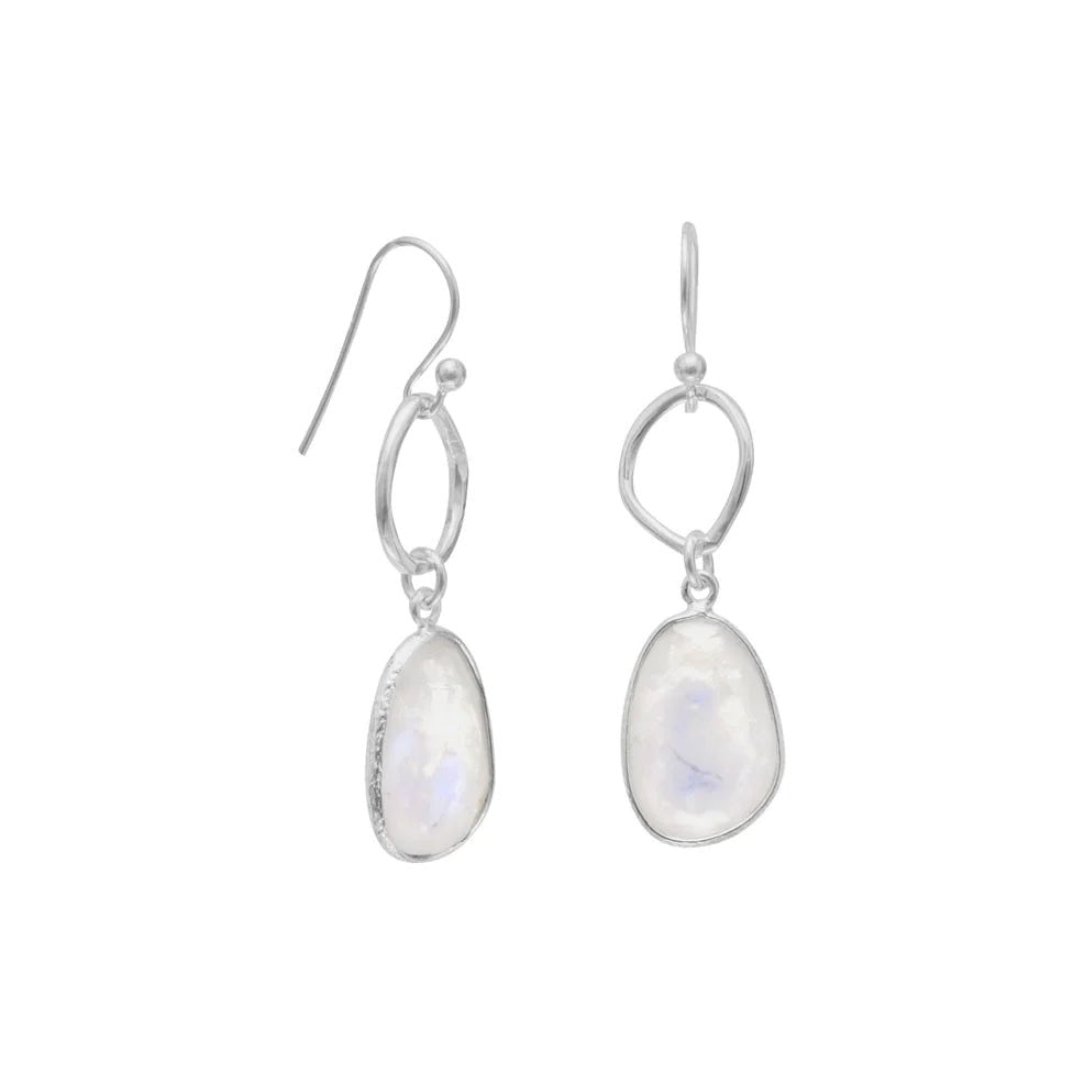 Sterling Silver Rainbow Moonstone Dangle Earrings, French Wire, Freeform Drops, 41mm Length