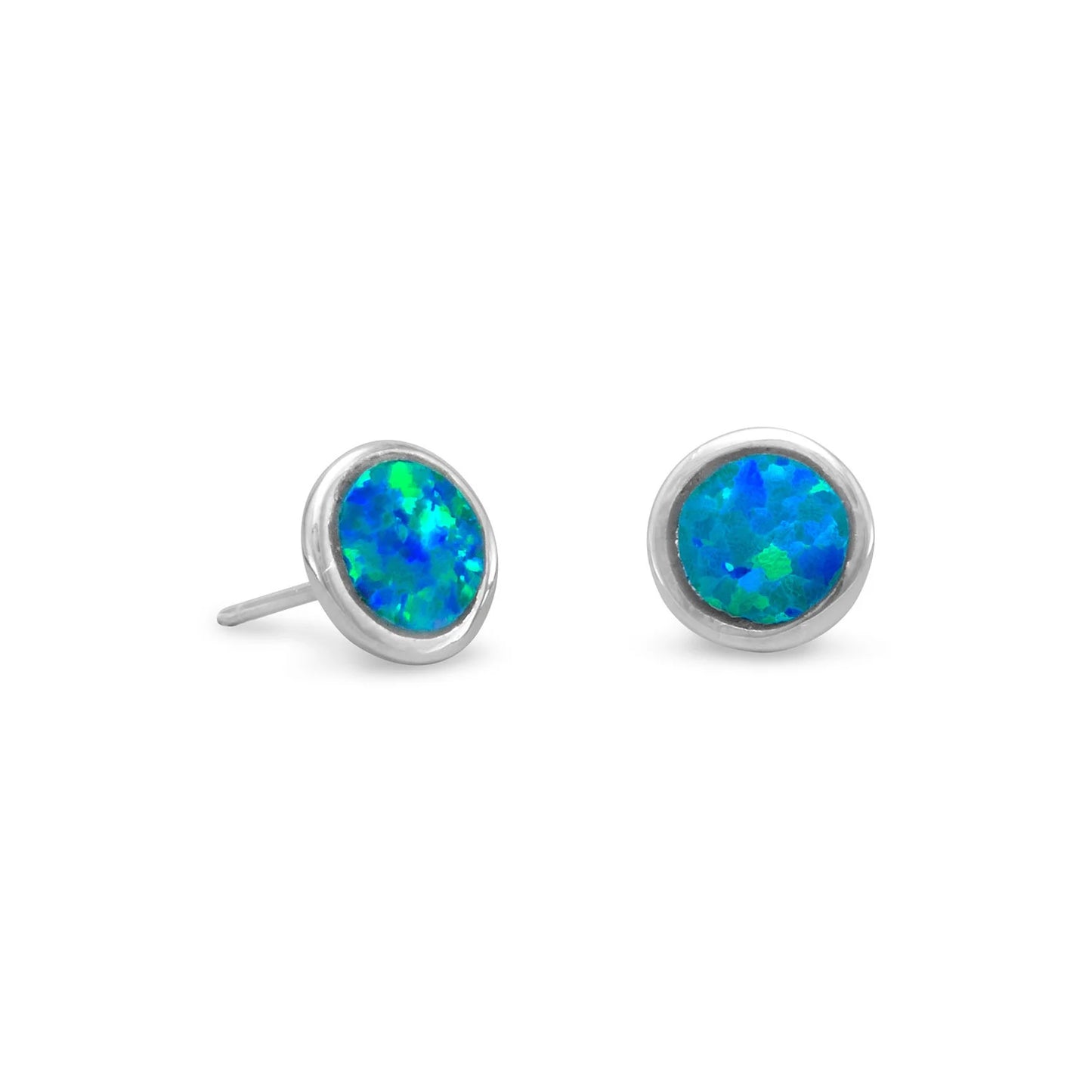 Sterling Silver Rhodium Plated Blue Synthetic Opal Stud Earrings, 7mm