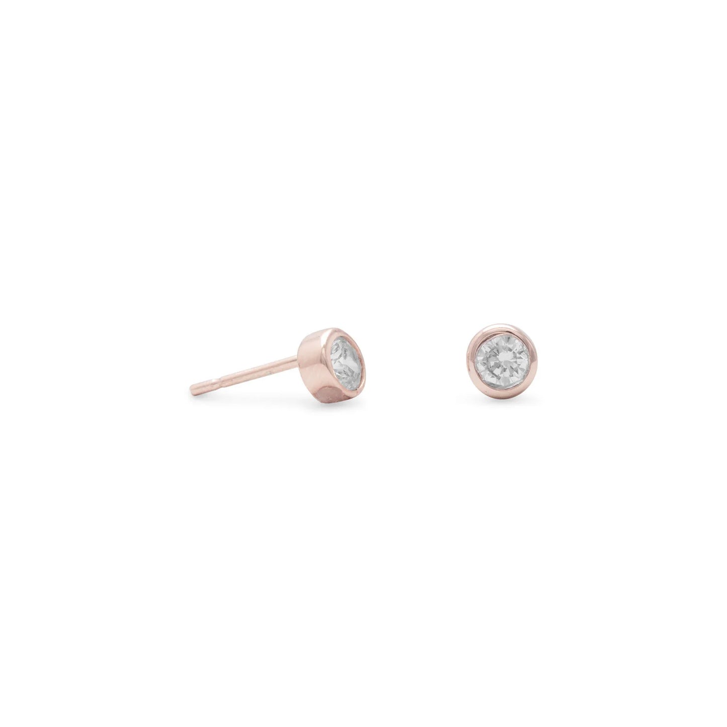 14 Karat Rose Gold Plated Sterling Silver Stud Earrings with 4mm Bezel Set CZ