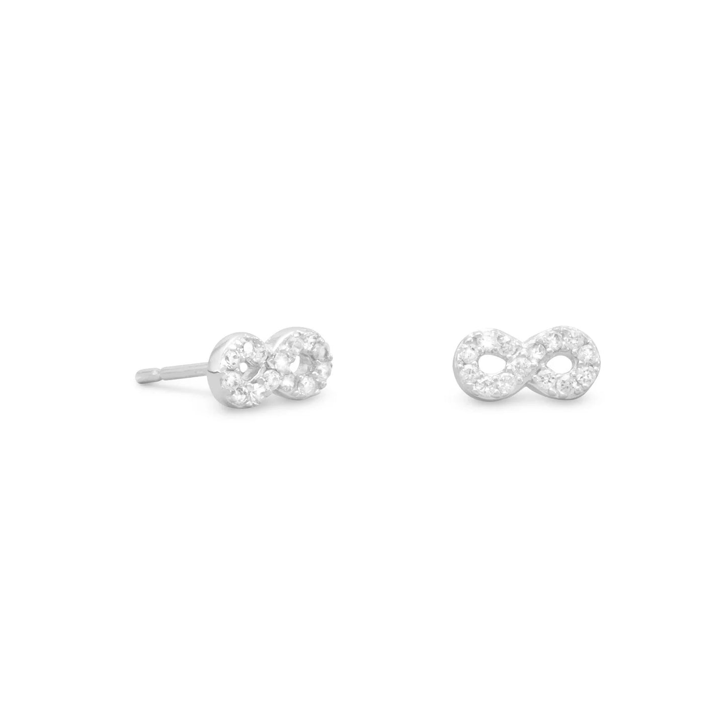 Sterling Silver Rhodium Plated Infinity Symbol CZ Stud Earrings, 3mm x 8mm