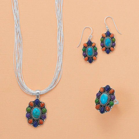 Multi-Stone Flower Ring - Sterling Silver with Turquoise Coral Lapis