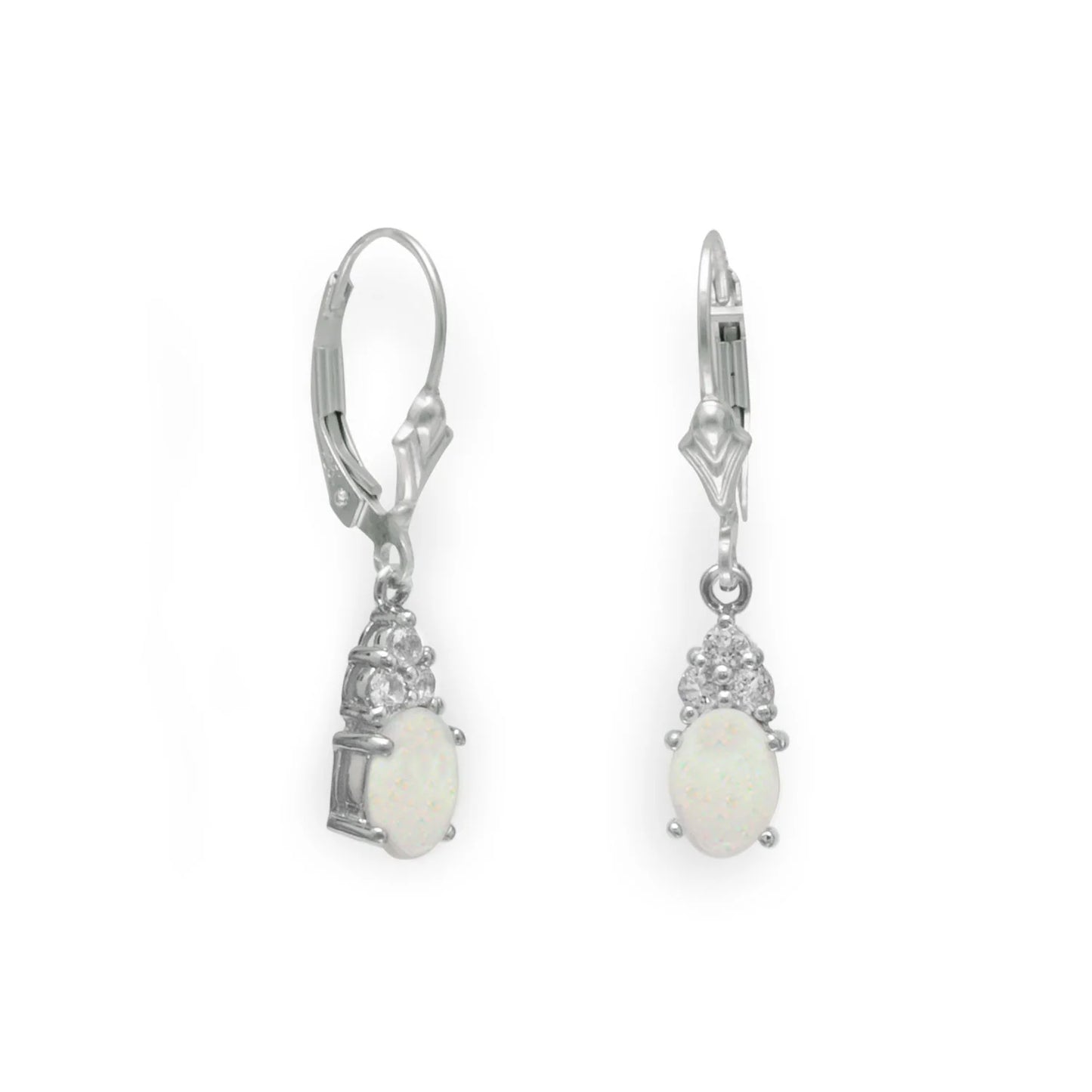 Sterling Silver Rhodium Plated Australian Opal, White Topaz Drop Earrings, 5x7mm Stone, 28mm Length
