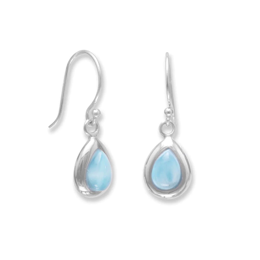 Sterling Silver Pear Shape Larimar French Wire Drop Earrings, Rhodium Plated, 24mm Length, 6x9mm Stone