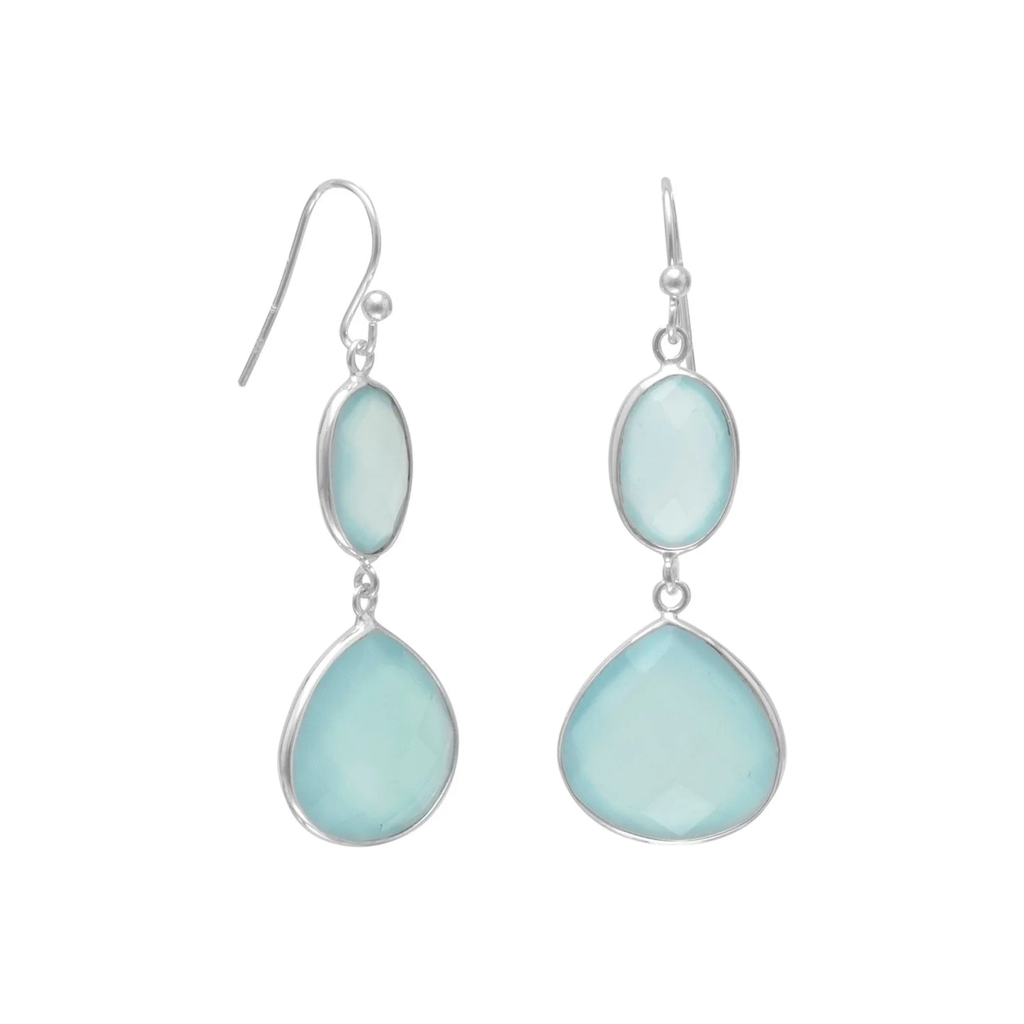 Sterling Silver Sea Green Chalcedony Drop Earrings, Oval 8x12mm, Round 15mm, French Wire, 2 Inch Length