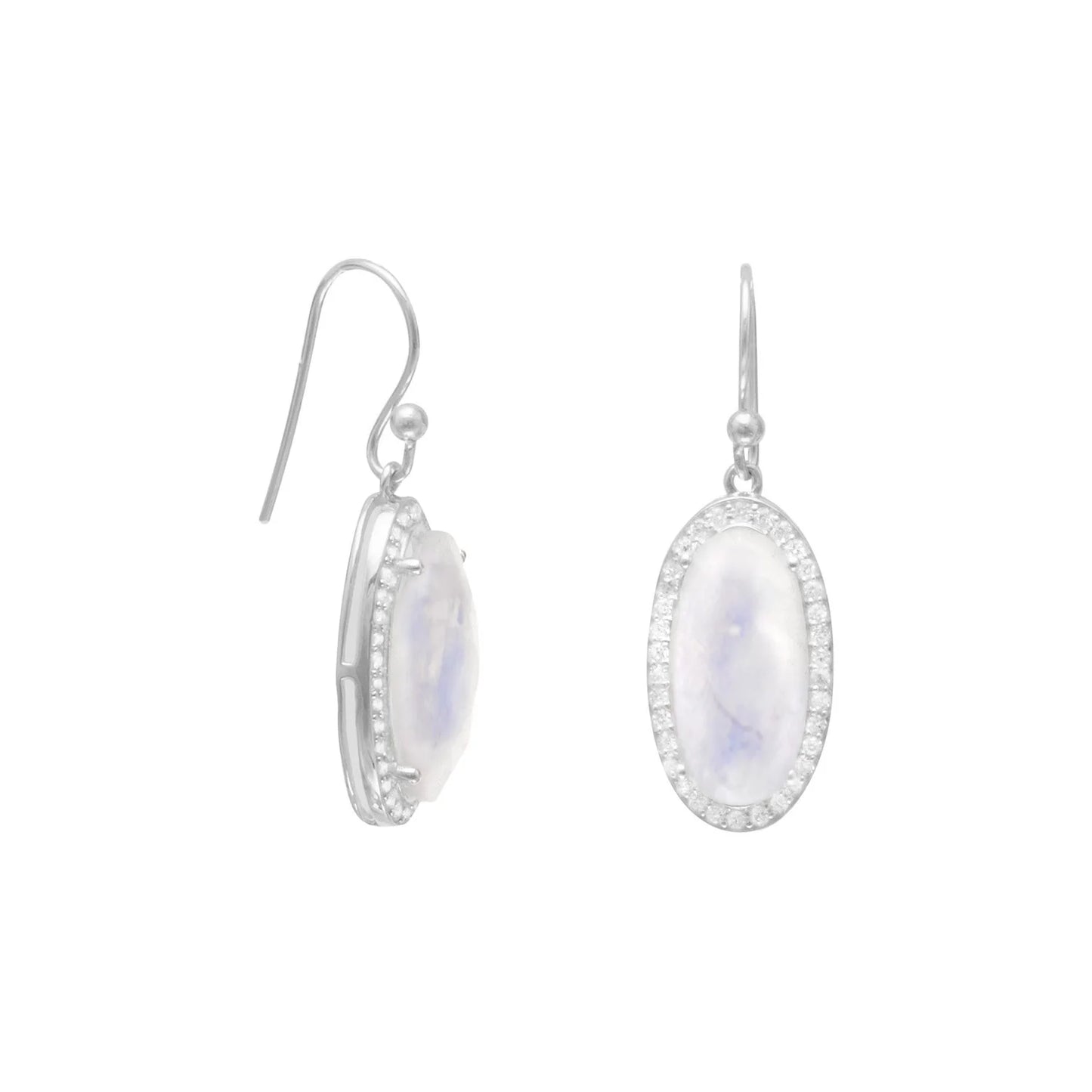 Sterling Silver Rainbow Moonstone Drop Earrings with CZ Edge, French Wire, 33mm Length, 8mm x 17mm Stone