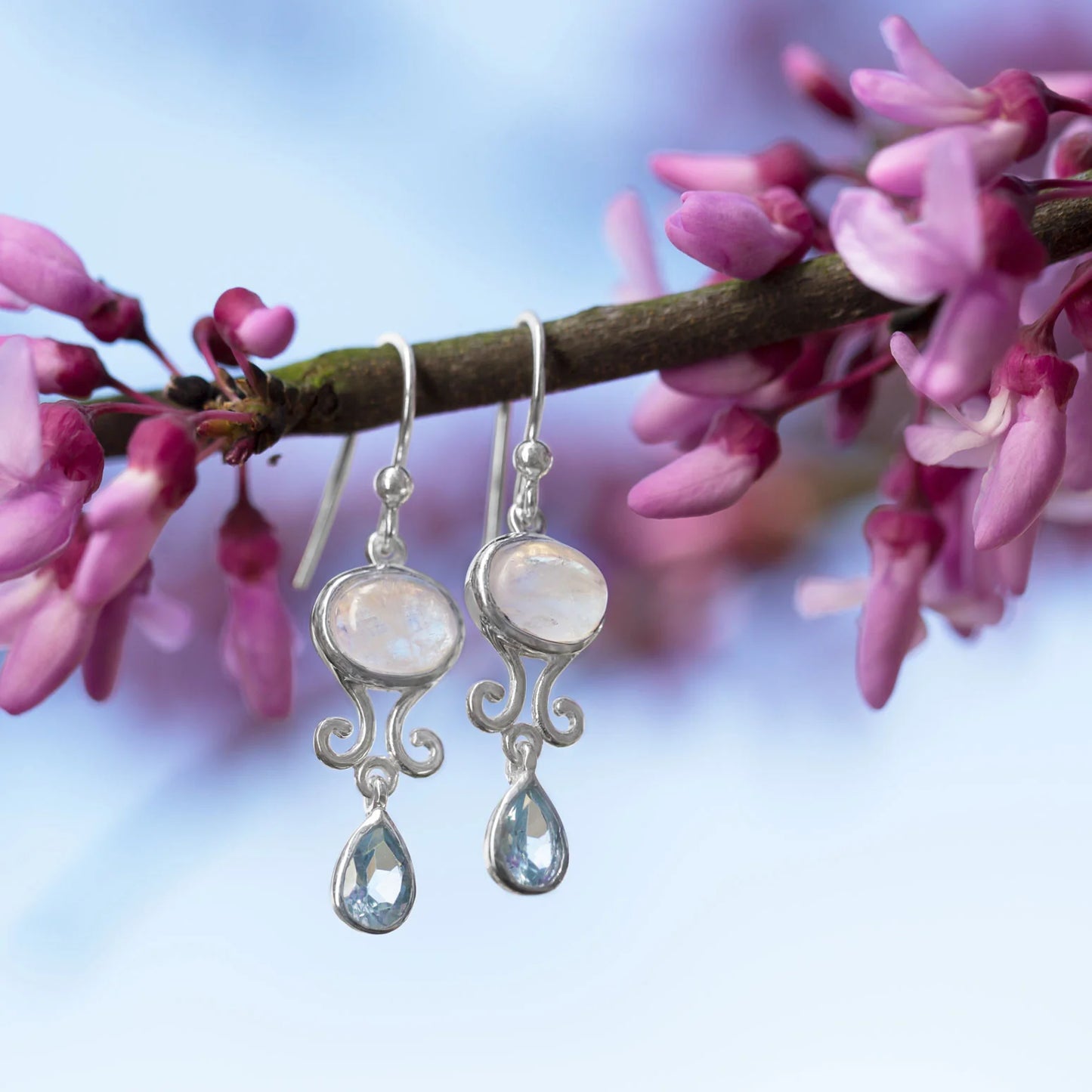 Sterling Silver Rainbow Moonstone and Blue Topaz Dangle Earrings, Oval 5x8mm and Pear 4x6mm Stones, Polished Swirl Pattern, 33mm Drop