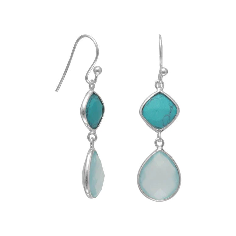 Sterling Silver Stabilized Turquoise & Sea Green Chalcedony Drop Earrings,1.75 Inch Length