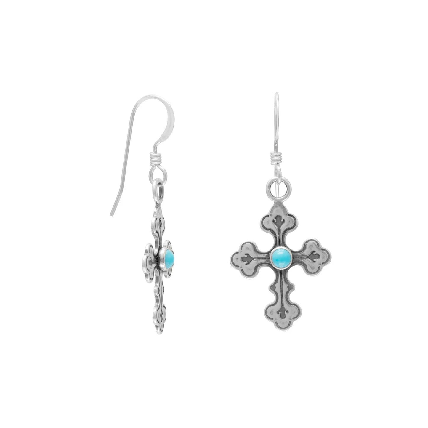 Sterling Silver Oxidized Cross Earrings with Turquoise Center, French Wire, 15x19mm, Mexican Turquoise, 33mm Drop Length