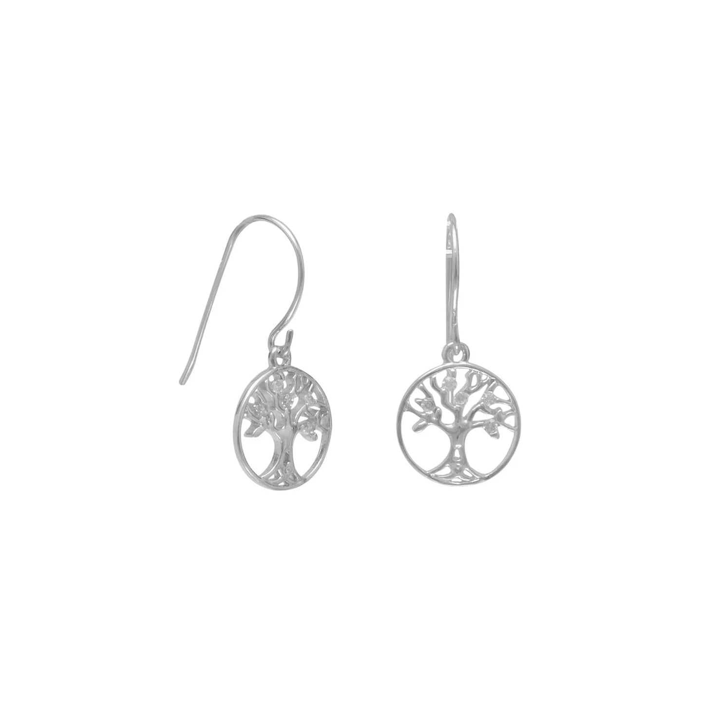 Sterling Silver Tree of Life Dangle Earrings, Rhodium Plated with CZ Accents, 27mm Drop Length