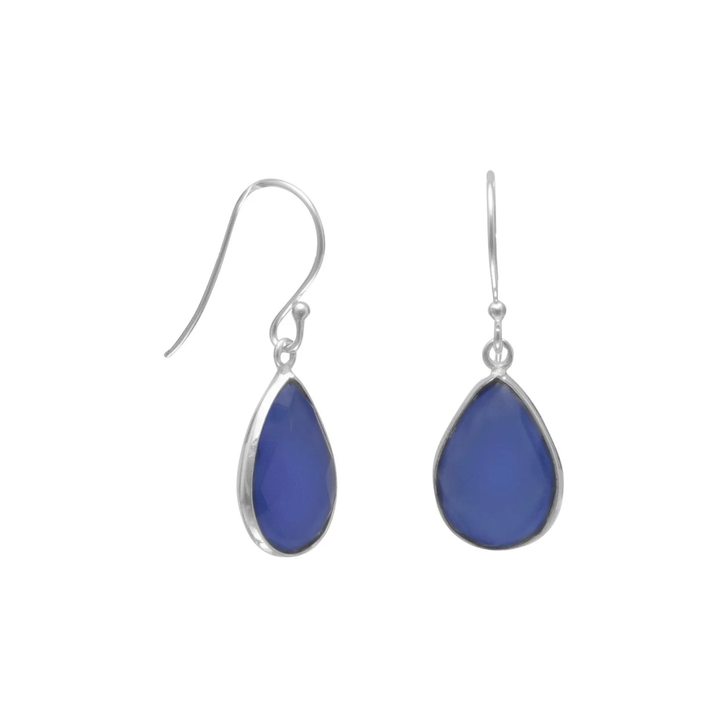 Sterling Silver Blue Chalcedony Pear Shape French Wire Dangle Earrings, Dark Blue, 10x15mm, 30mm Drop Length