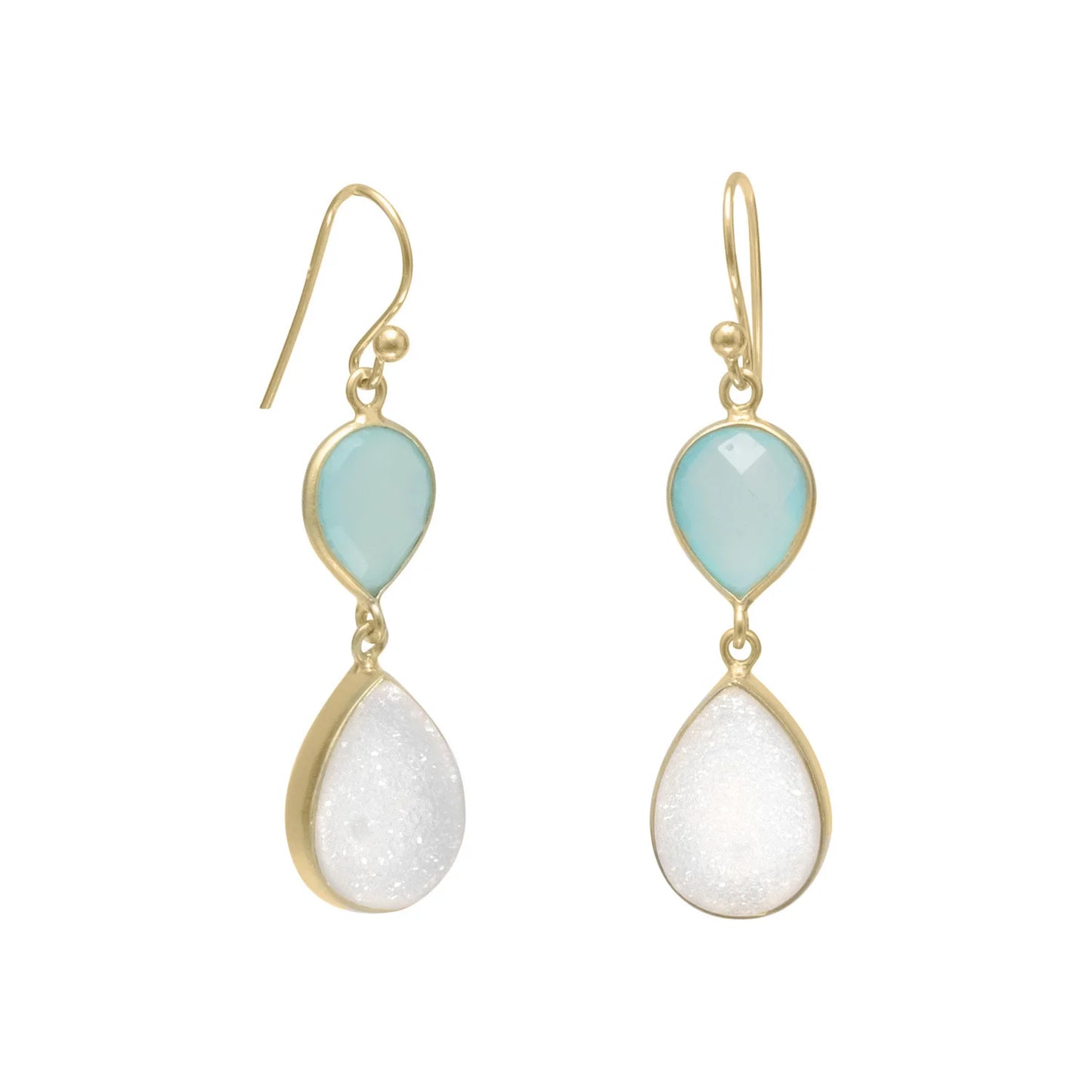 14K Gold Plated Sterling Silver Earrings with Green Chalcedony, White Druzy Drops, French Wire, 1.75 Inch Length